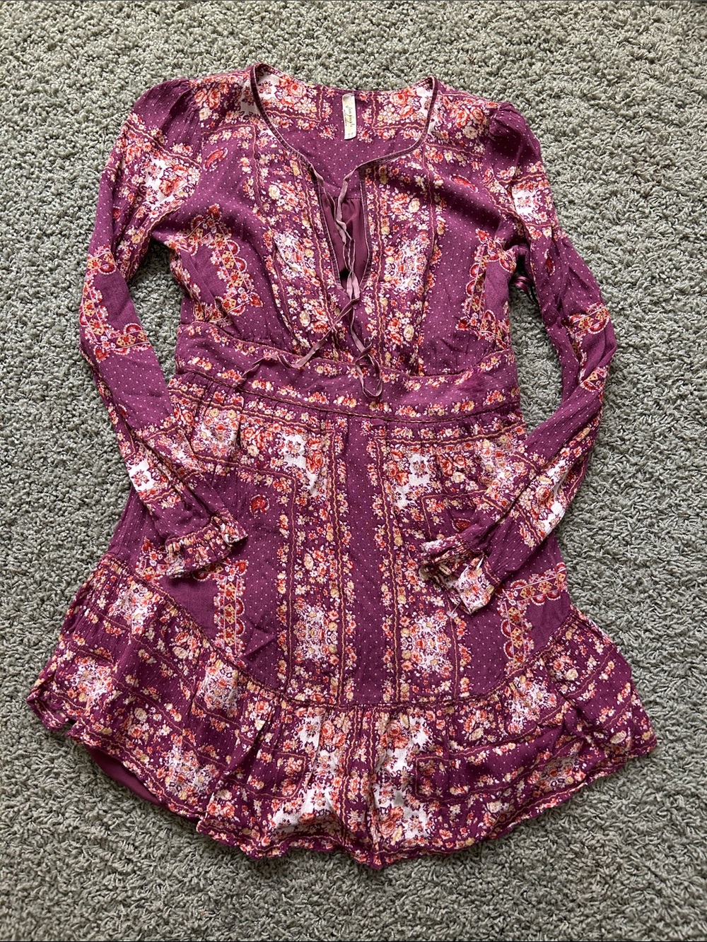 Free People Plum Floral Tie-Front Long Sleeve Dress